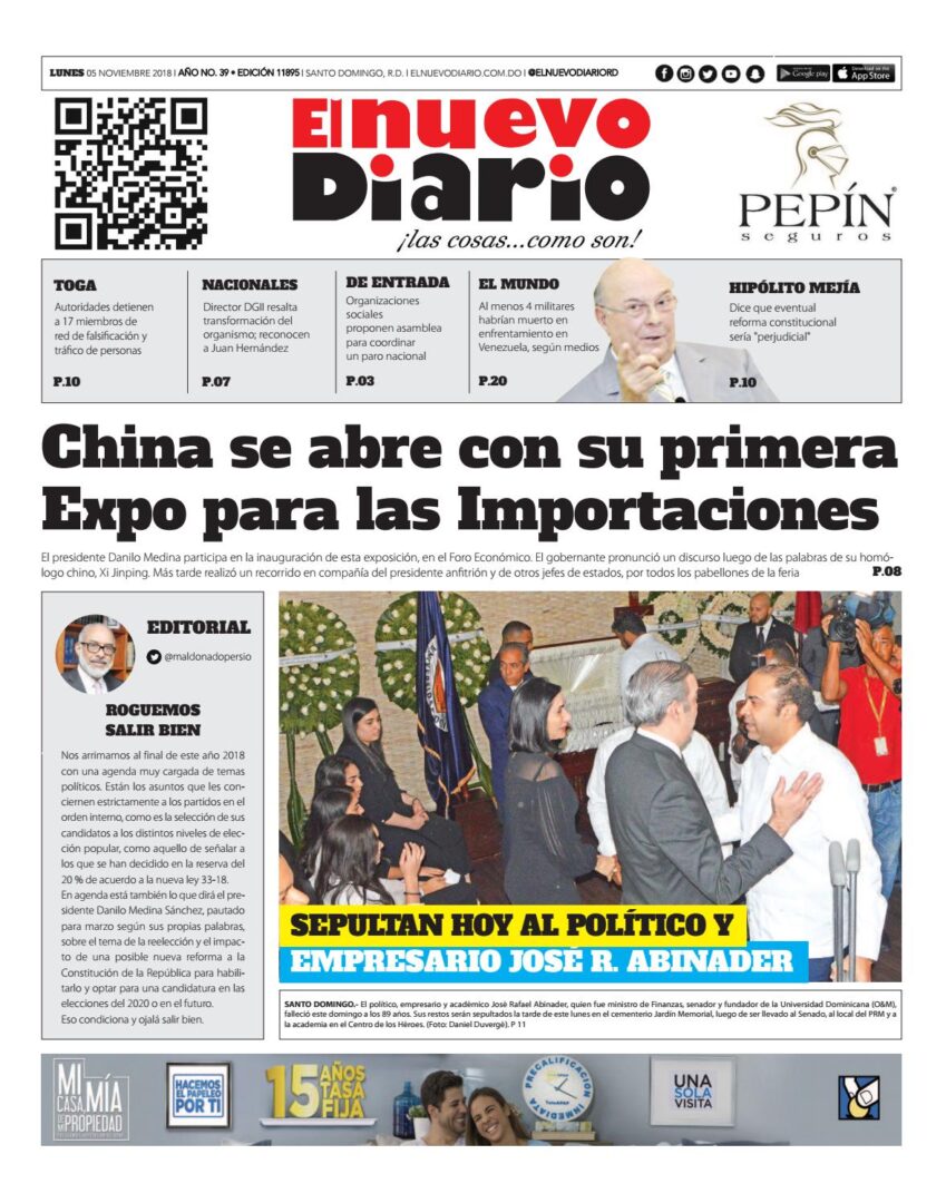 Portada Periódico El Nuevo Diario, Lunes 05 de Noviembre 2018