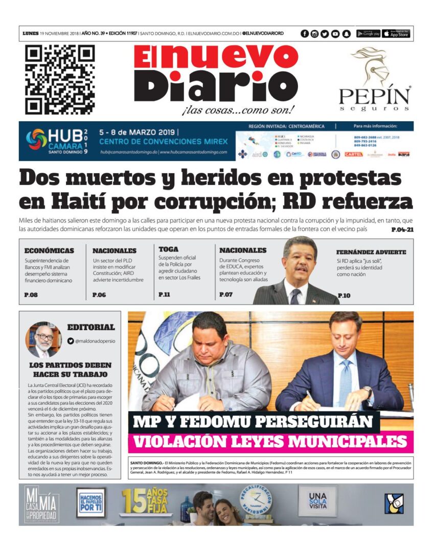 Portada Periódico El Nuevo Diario, Lunes 19 de Noviembre 2018