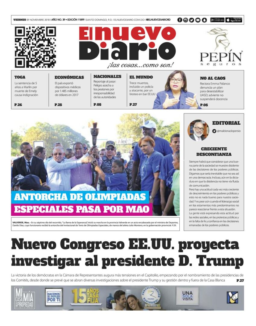 Portada Periódico El Nuevo Diario, Viernes 09 de Noviembre 2018
