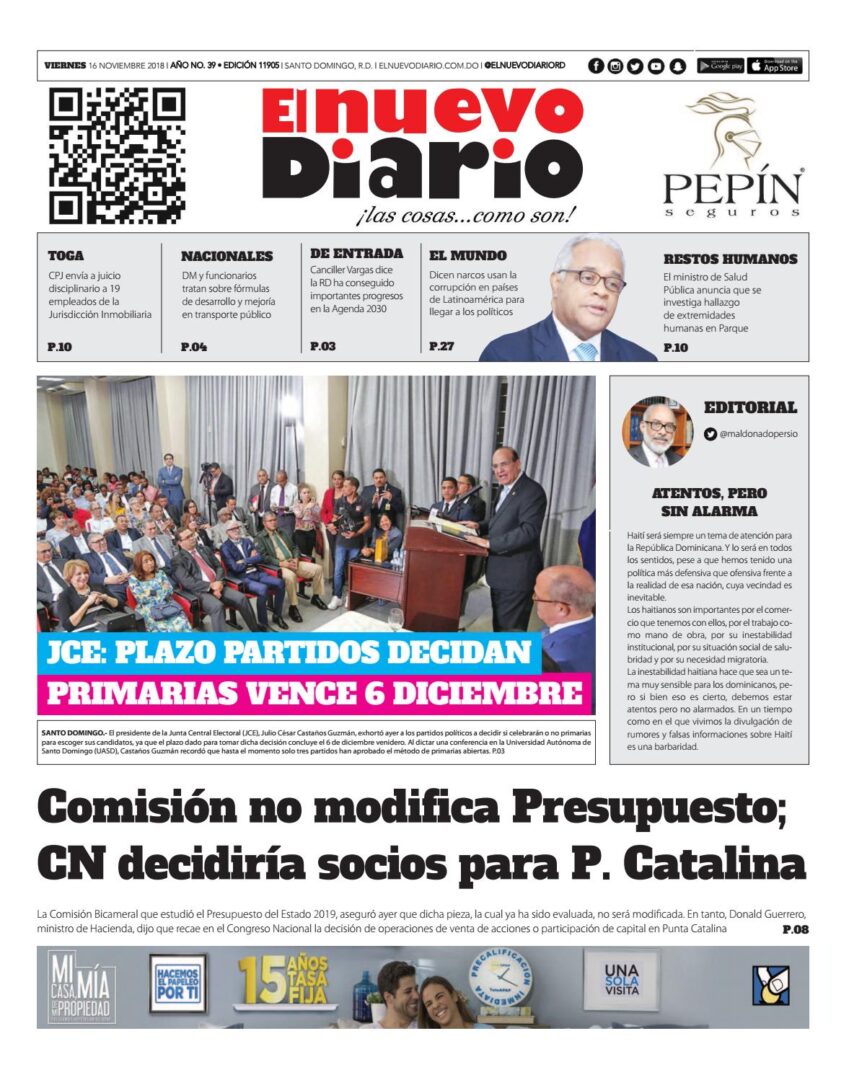 Portada Periódico El Nuevo Diario, Viernes 16 de Noviembre 2018