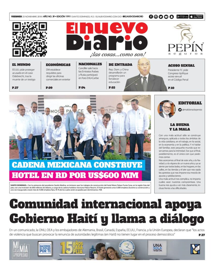 Portada Periódico El Nuevo Diario, Viernes 23 de Noviembre 2018