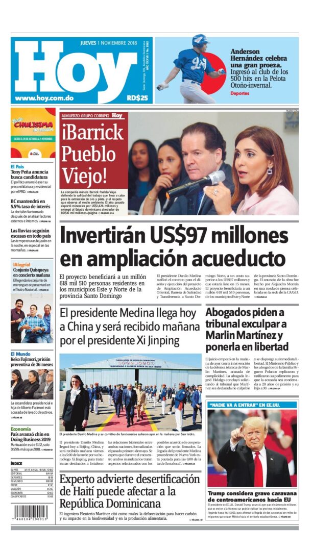 Portada Periódico Hoy, Jueves 01 de Noviembre 2018
