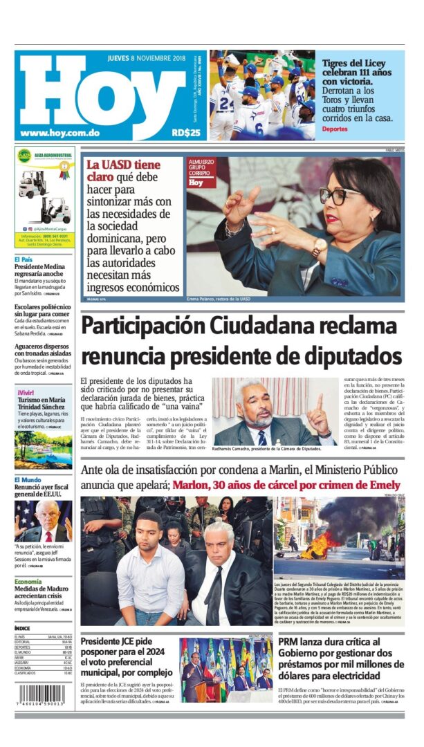 Portada Periódico Hoy, Jueves 08 de Noviembre 2018