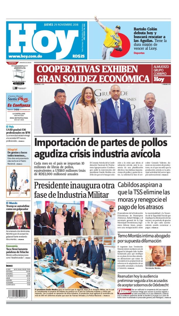 Portada Periódico Hoy, Jueves 29 de Noviembre 2018