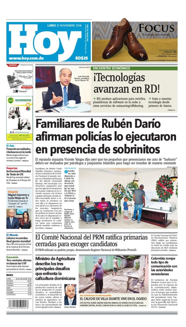 Portada Periódico Hoy, Lunes 12 de Noviembre 2018