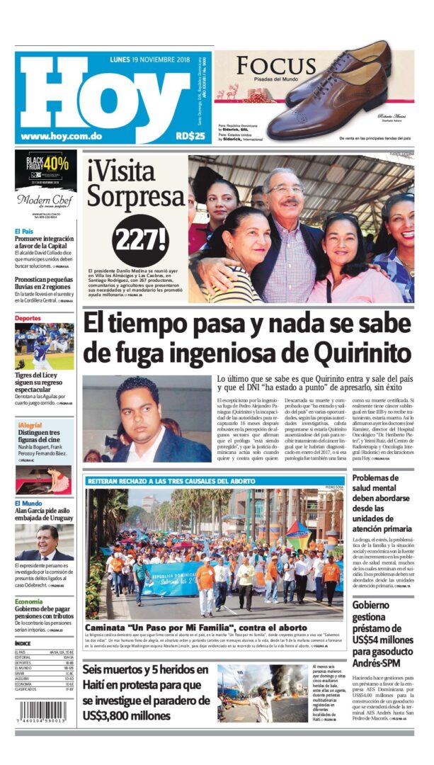 Portada Periódico Hoy, Lunes 19 de Noviembre 2018