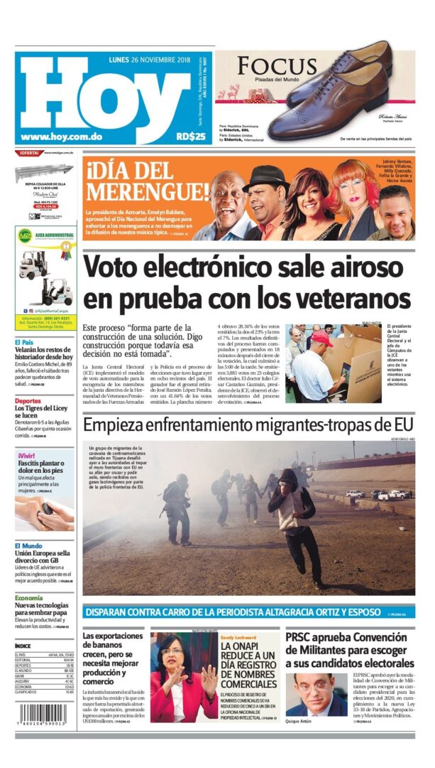 Portada Periódico Hoy, Lunes 26 de Noviembre 2018