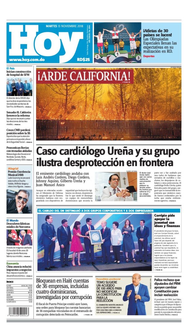 Portada Periódico Hoy, Martes 13 de Noviembre 2018