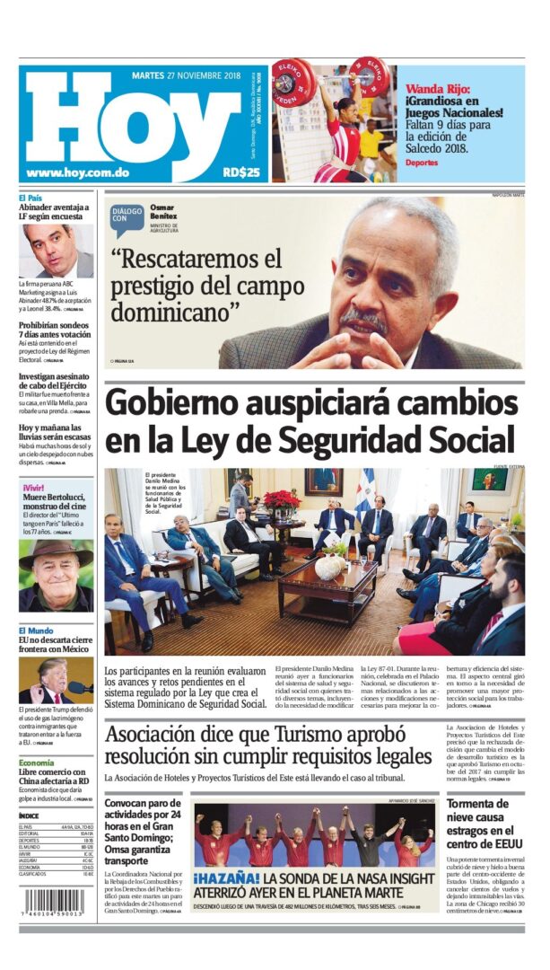 Portada Periódico Hoy, Martes 27 de Noviembre 2018