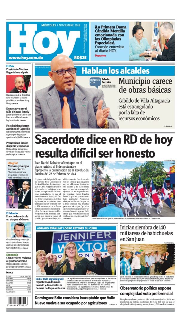 Portada Periódico Hoy, Miércoles 07 de Noviembre 2018