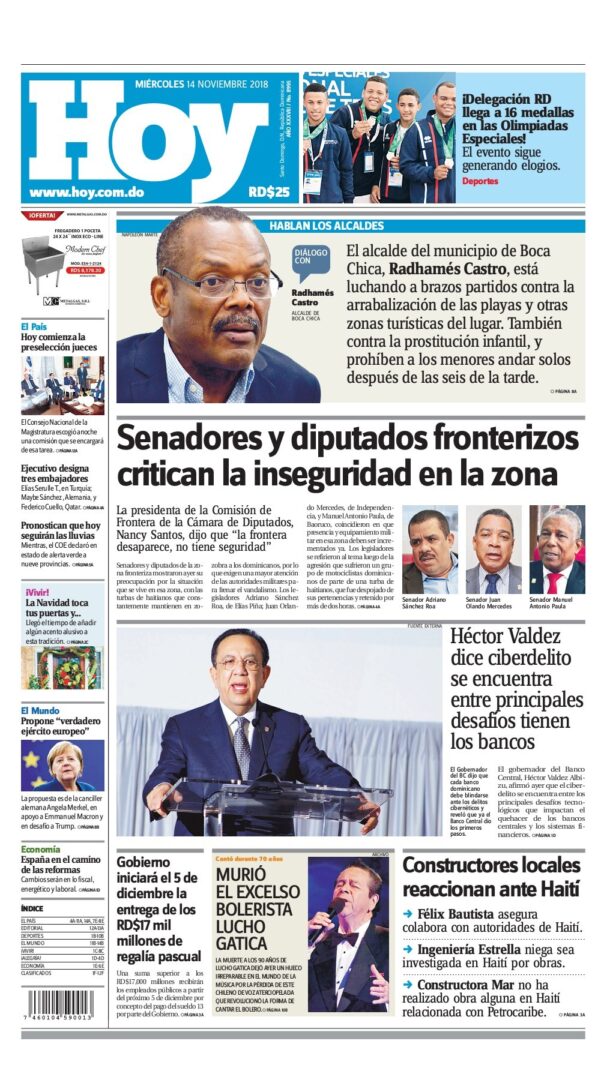 Portada Periódico Hoy, Miércoles 14 de Noviembre 2018