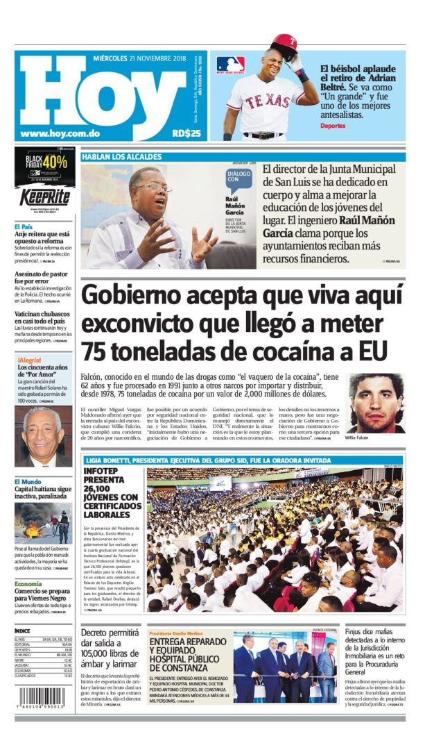 Portada Periódico Hoy, Miércoles 21 de Noviembre 2018