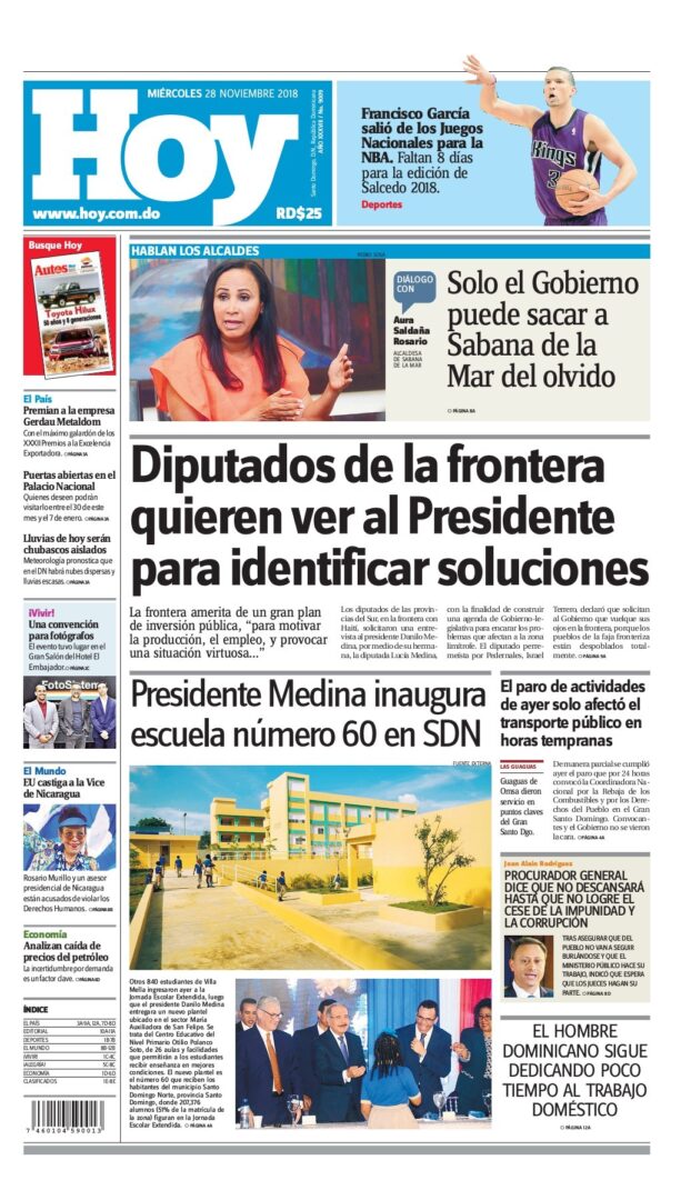 Portada Periódico Hoy, Miércoles 28 de Noviembre 2018
