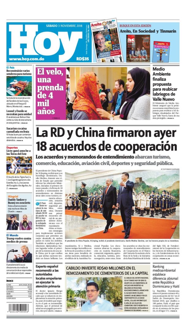 Portada Periódico Hoy, Sábado 03 de Noviembre 2018