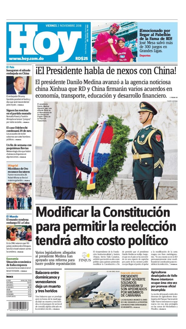 Portada Periódico Hoy, Viernes 02 de Noviembre 2018