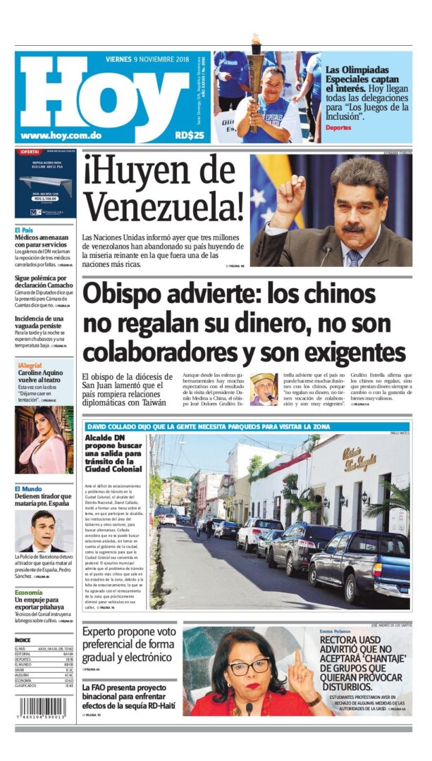 Portada Periódico Hoy, Viernes 09 de Noviembre 2018