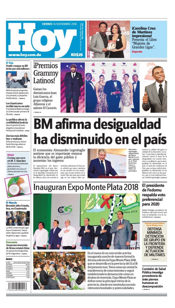 Portada Periódico Hoy, Viernes 16 de Noviembre 2018