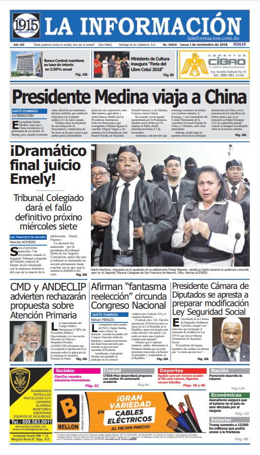 Portada Periódico La Información, Jueves 01 de Noviembre 2018