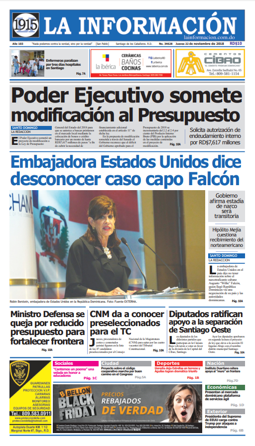 Portada Periódico La Información, Jueves 22 de Noviembre 2018
