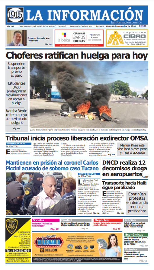 Portada Periódico La Información, Martes 27 de Noviembre 2018