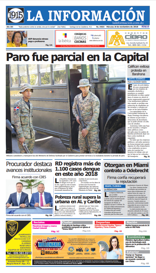 Portada Periódico La Información, Miércoles 28 de Noviembre 2018
