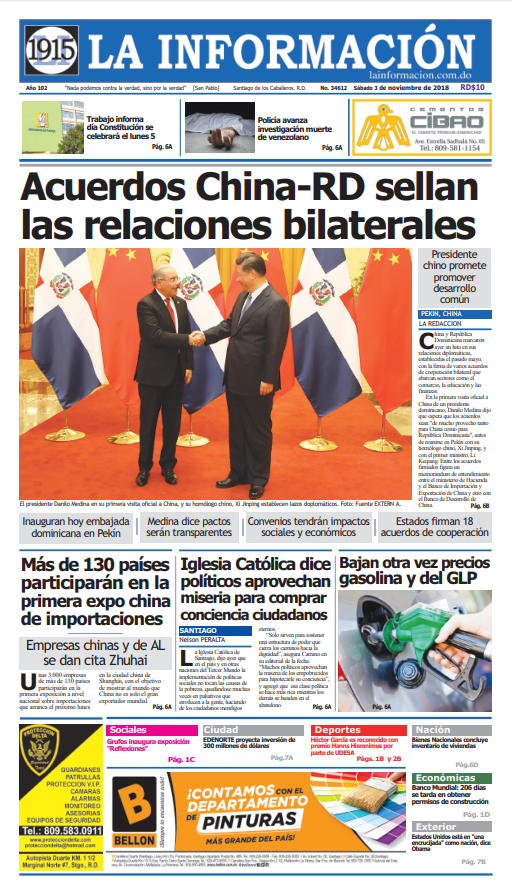 Portada Periódico La Información, Sábado 03 de Noviembre 2018