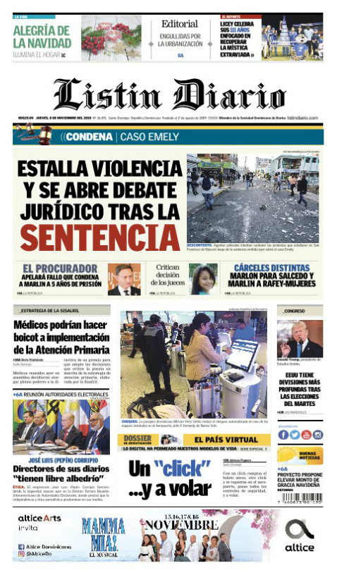 Portada Periódico Listín Diario, Jueves 08 de Noviembre 2018