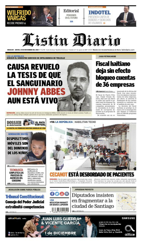 Portada Periódico Listín Diario, Jueves 15 de Noviembre 2018