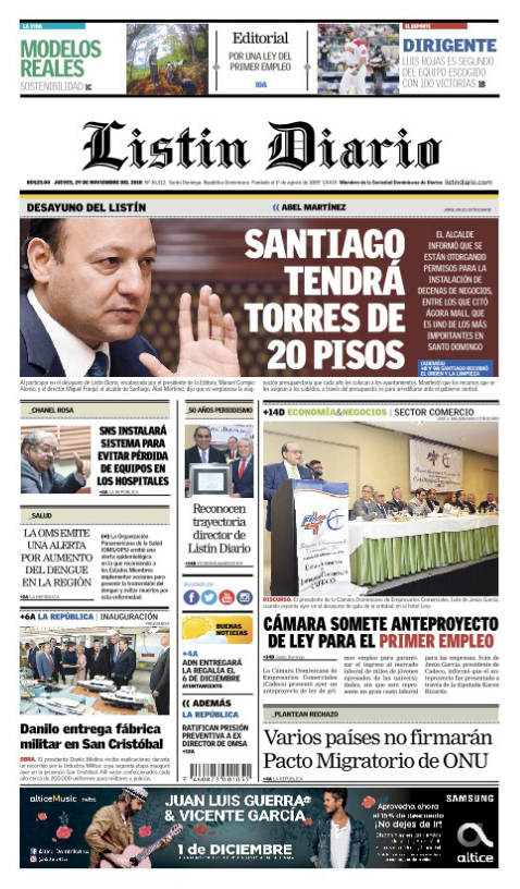 Portada Periódico Listín Diario, Jueves 29 de Noviembre 2018