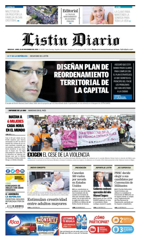 Portada Periódico Listín Diario, Lunes 26 de Noviembre 2018
