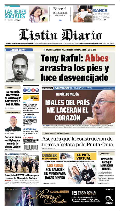 Portada Periódico Listín Diario, Martes 20 de Noviembre 2018