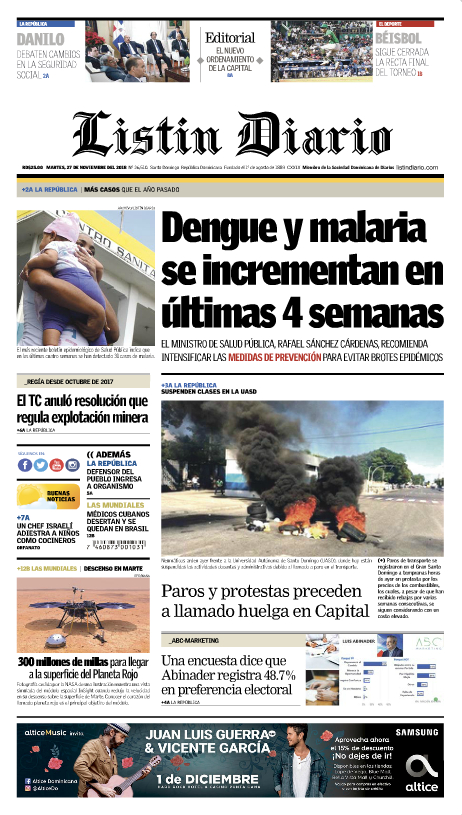 Portada Periódico Listín Diario, Martes 27 de Noviembre 2018