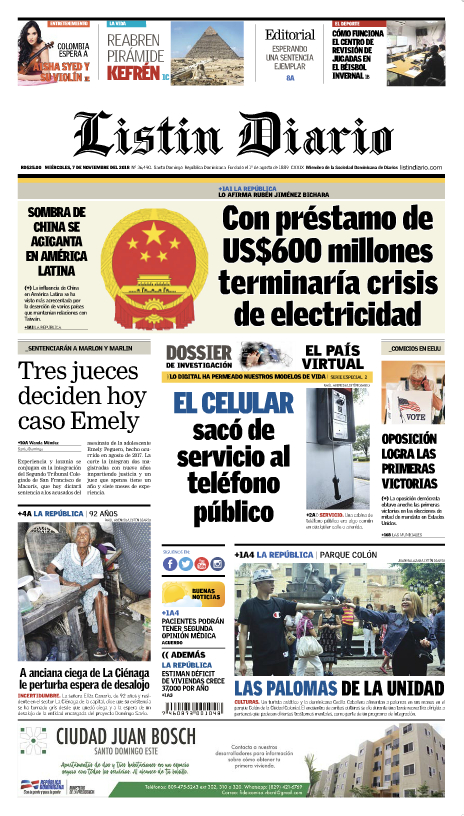 Portada Periódico Listín Diario, Miércoles 07 de Noviembre 2018