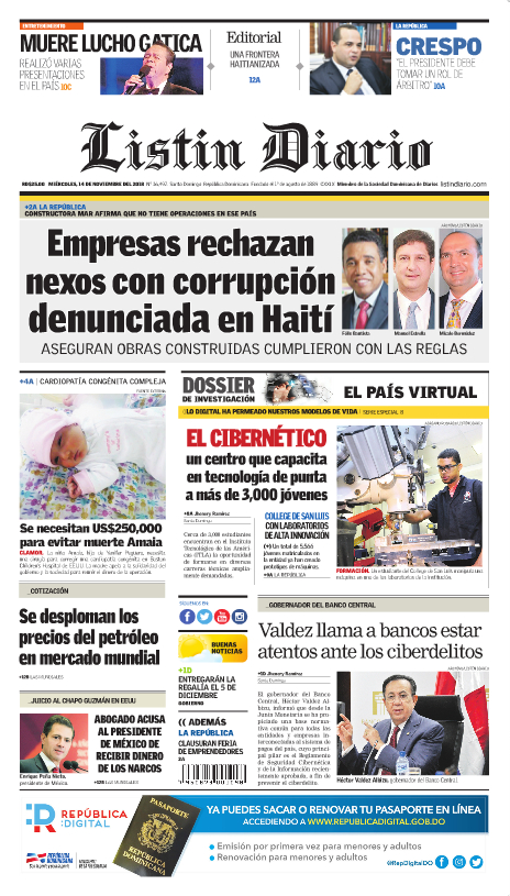 Portada Periódico Listín Diario, Miércoles 14 de Noviembre 2018