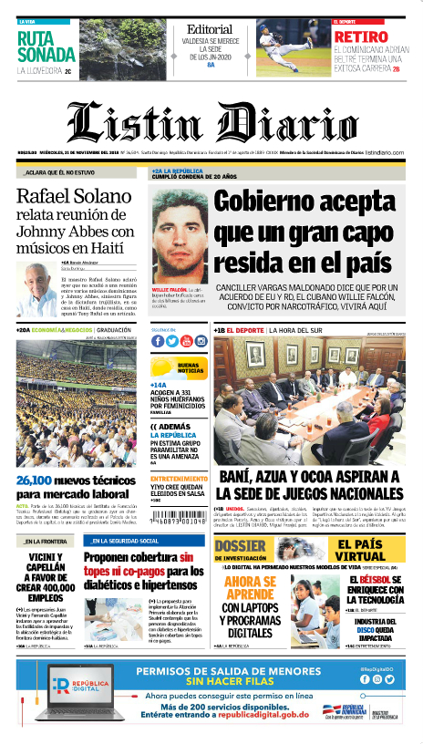 Portada Periódico Listín Diario, Miércoles 21 de Noviembre 2018