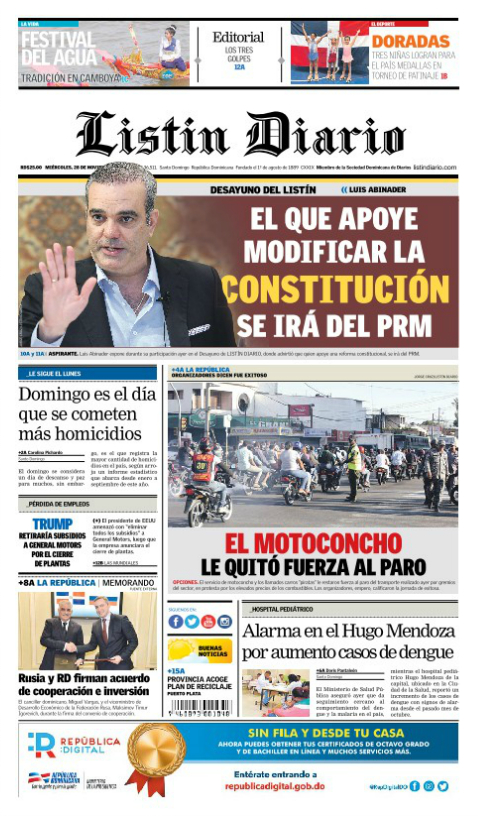 Portada Periódico Listín Diario, Miércoles 28 de Noviembre 2018