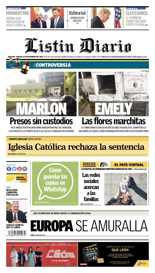 Portada Periódico Listín Diario, Sábado 10 de Noviembre 2018