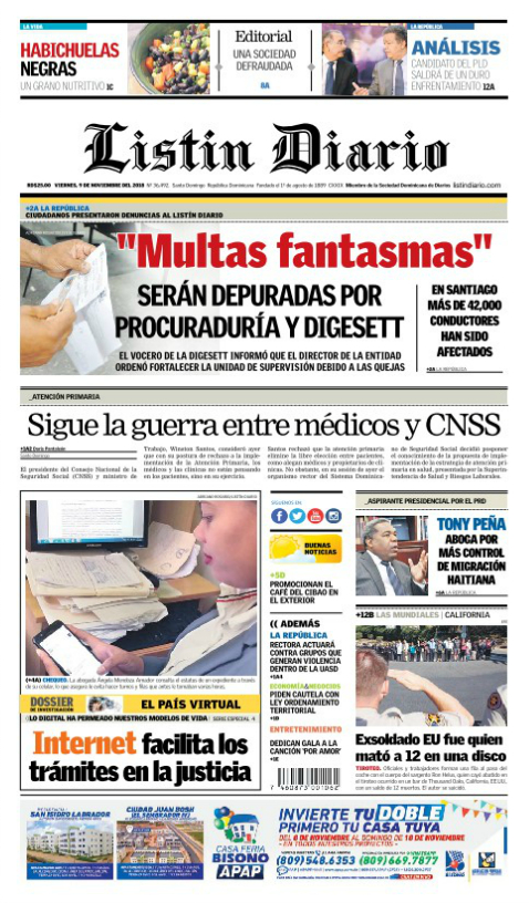 Portada Periódico Listín Diario, Viernes 09 de Noviembre 2018
