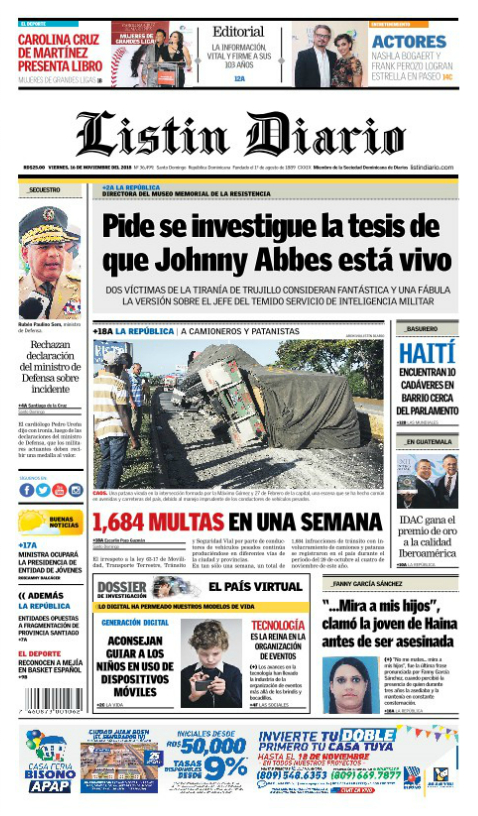 Portada Periódico Listín Diario, Viernes 16 de Noviembre 2018