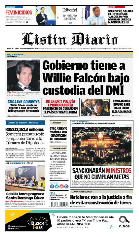 Portada Periódico Listín Diario, Viernes 23 de Noviembre 2018
