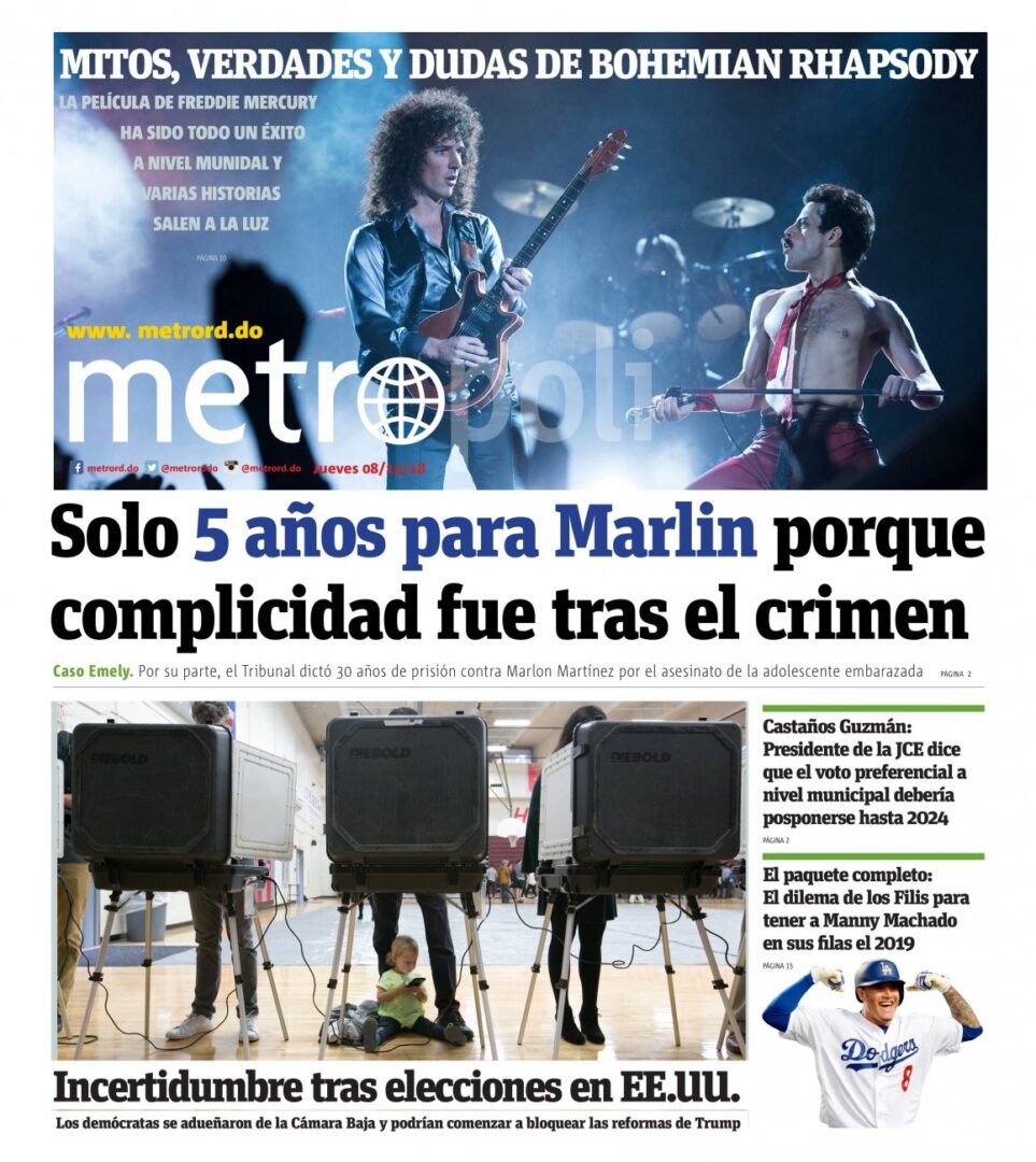 Portada Periódico Metro, Jueves 08 de Noviembre 2018