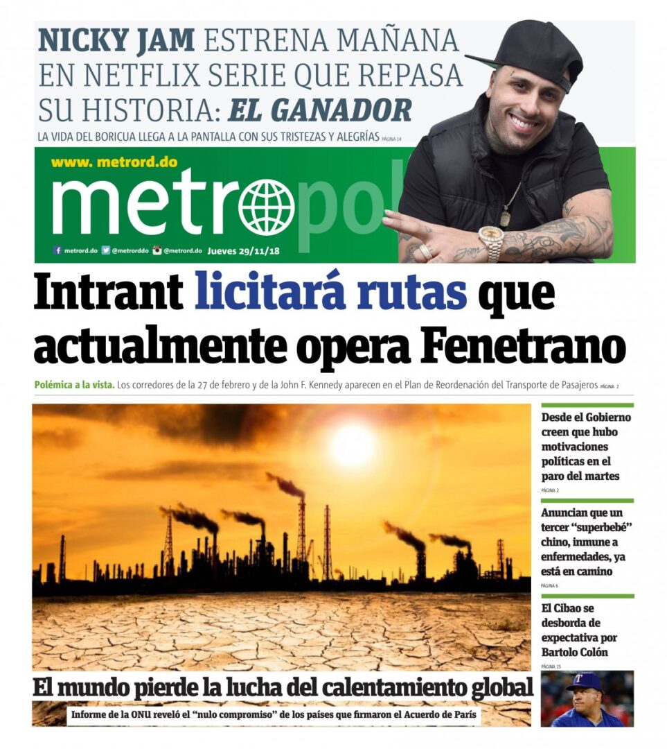 Portada Periódico Metro, Jueves 29 de Noviembre 2018