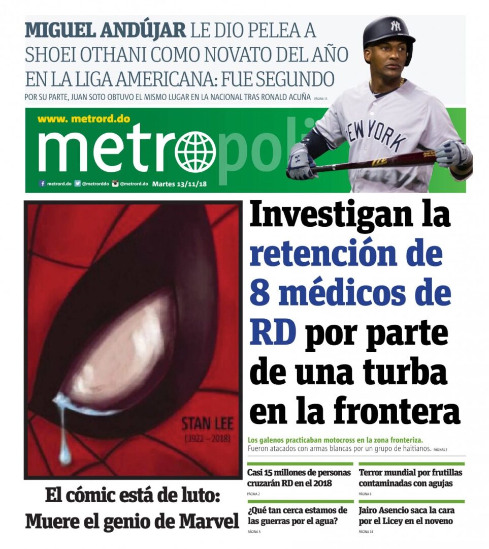Portada Periódico Metro, Martes 13 de Noviembre 2018