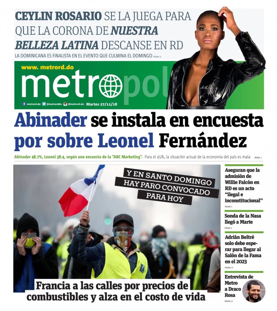 Portada Periódico Metro, Martes 27 de Noviembre 2018
