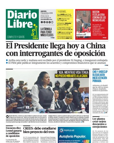 Portada Periódico Diario Libre, Jueves 01 de Noviembre 2018