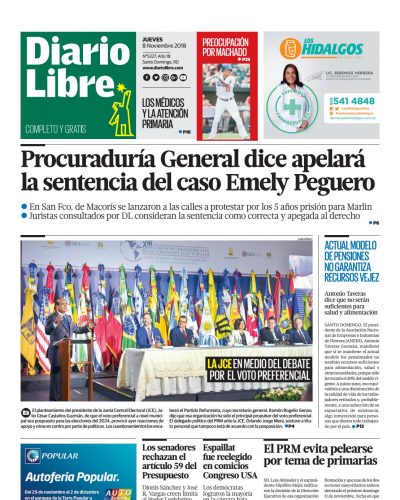 Portada Periódico Diario Libre, Jueves 08 de Noviembre 2018