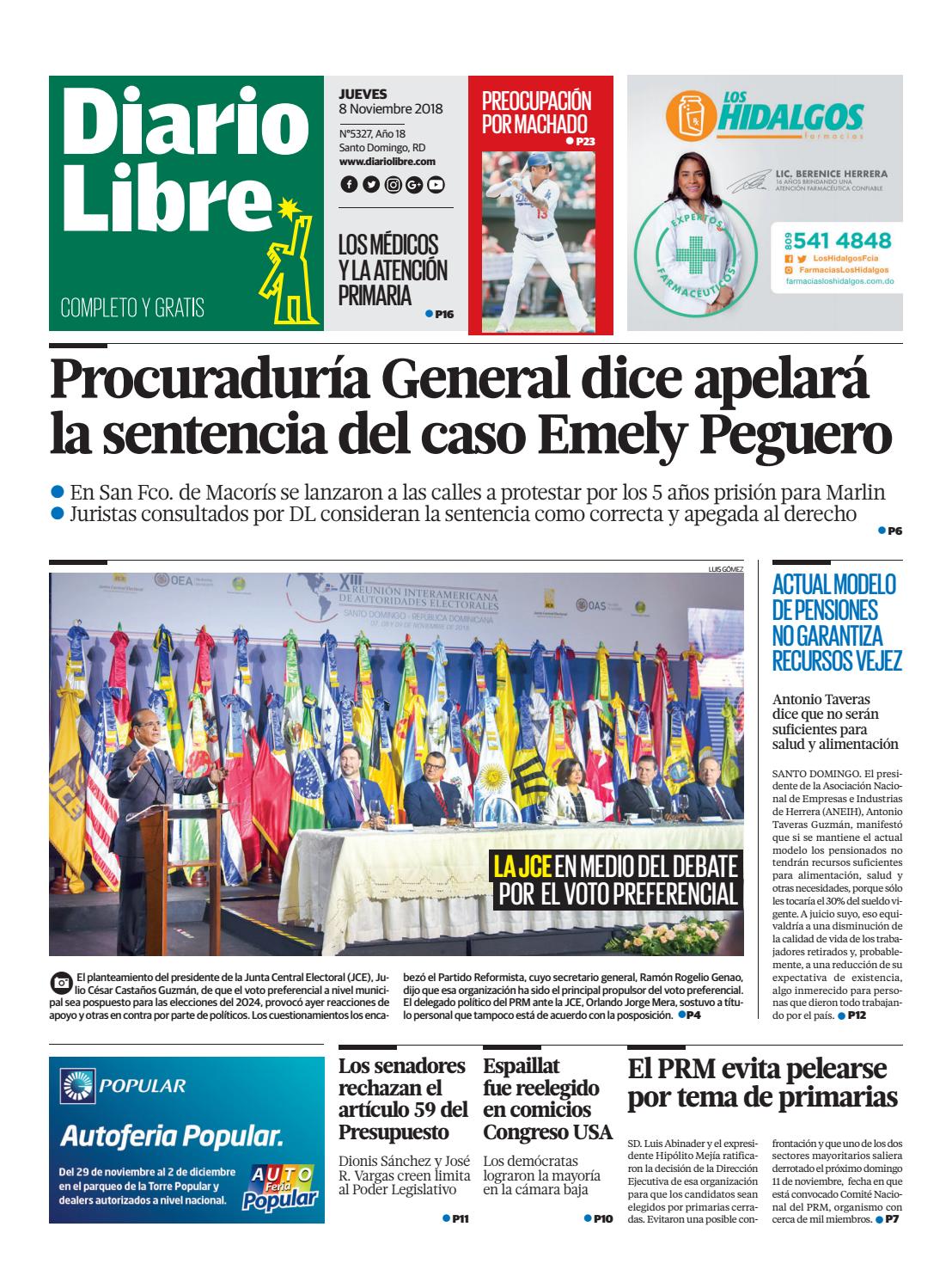 Portada Periódico Diario Libre, Jueves 08 de Noviembre 2018