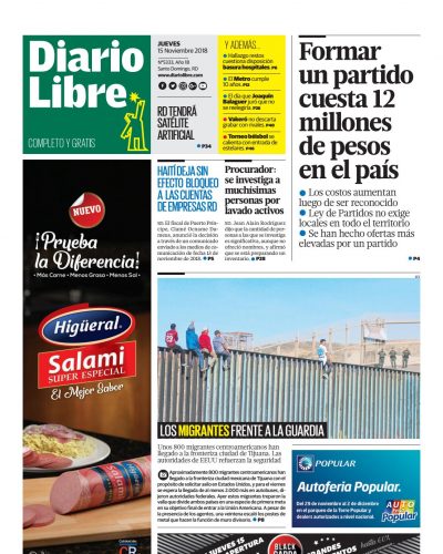 Portada Periódico Diario Libre, Jueves 15 de Noviembre 2018