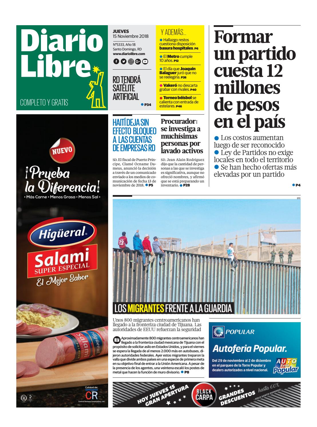 Portada Periódico Diario Libre, Jueves 15 de Noviembre 2018