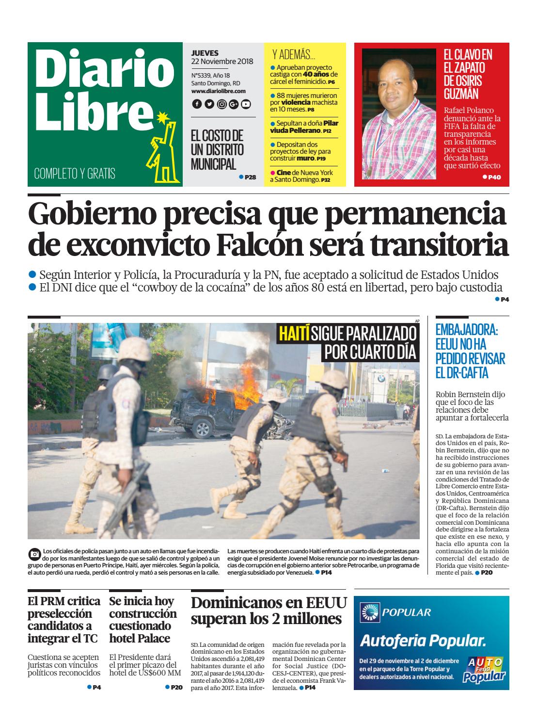 Portada Periódico Diario Libre, Jueves 22 de Noviembre 2018